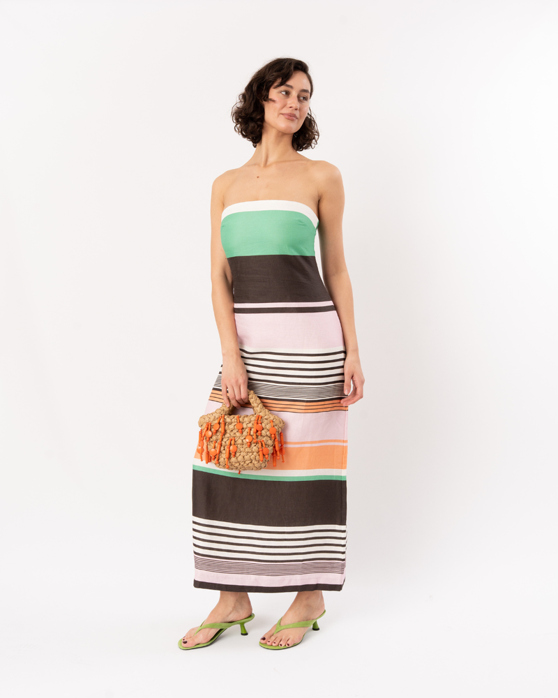 ROAME Frieda Strapless Midi Dress - Tango Stripe