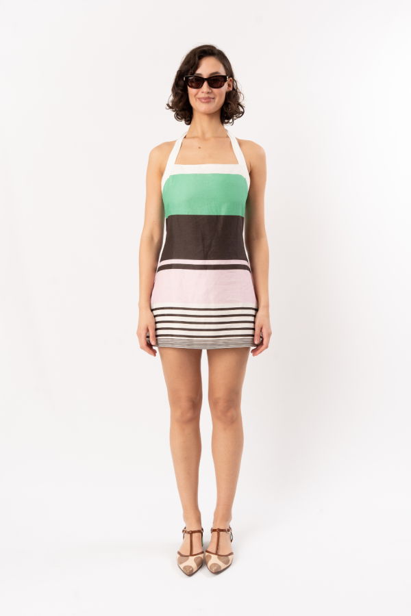 ROAME Maya Halter Mini Dress - Tango Stripe