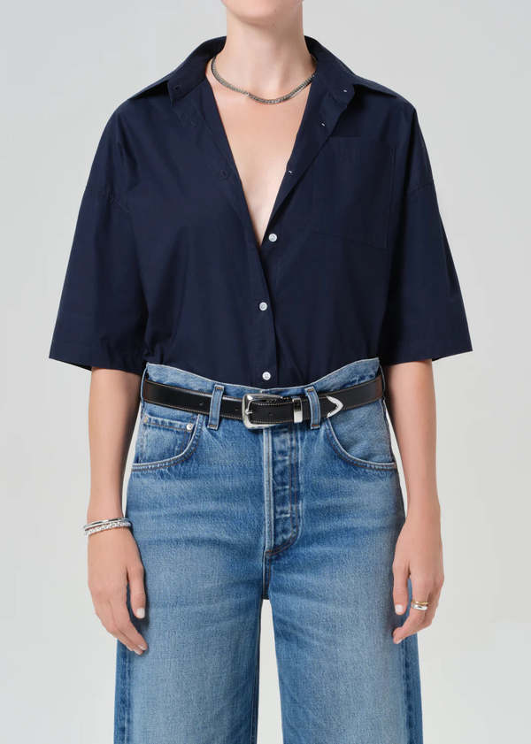 Citizens of Humanity Frances Cropped Cape Button Up Shirt - Navy