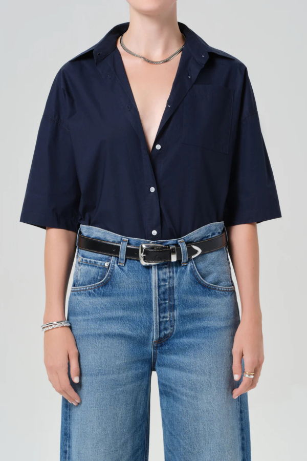 Citizens of Humanity Frances Cropped Cape Button Up Shirt - Navy