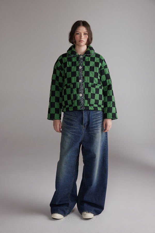 amente Round Collar Reversible Quilt Jacket - Green/Navy