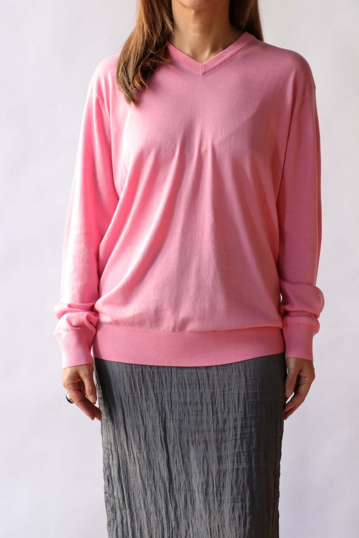 Tibi Super Fine Gauge Perfect V-Neck Pullover - Bubble Gum Pink - Image 3 of 4