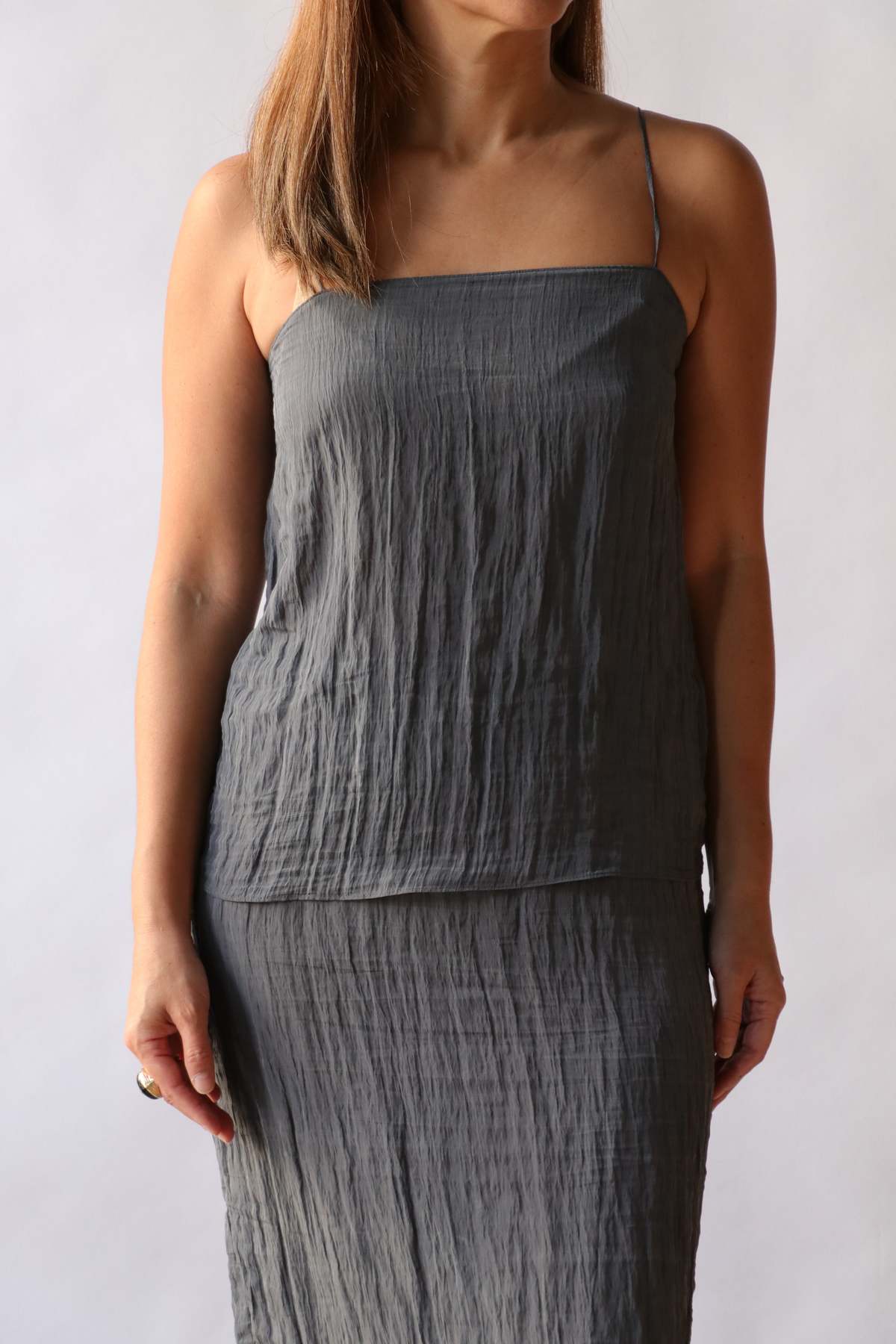 Tibi The Crinkle Slip Cami Top - Dark Grey - Image 1 of 4