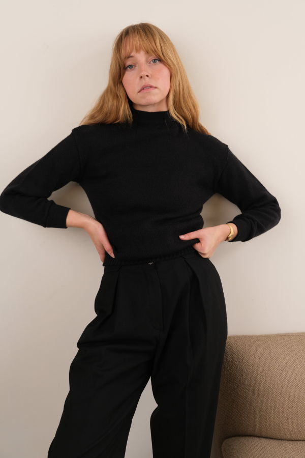 Hermine Vintage Raven Wool Mock Neck Long Sleeve Sweater - Black