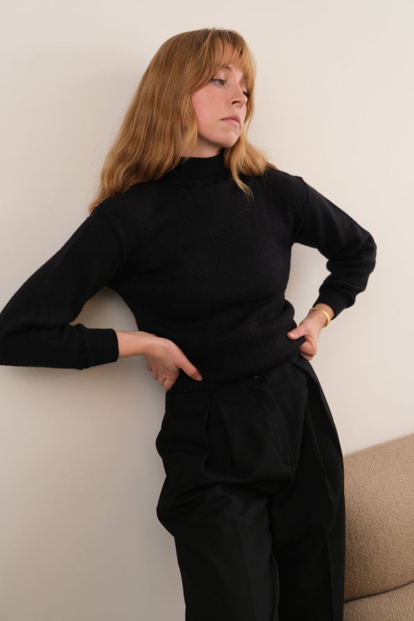 Hermine Vintage Raven Wool Mock Neck Long Sleeve Sweater - Black