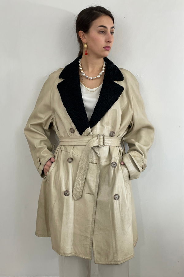 Vintage Leather Belted Trench Coat Persian Lamb Collar - Ivory