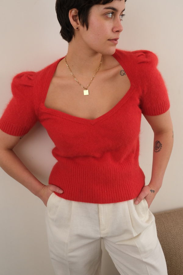 Vintage Angora Blend Sweetheart Short Sleeve Sweater - Garnet