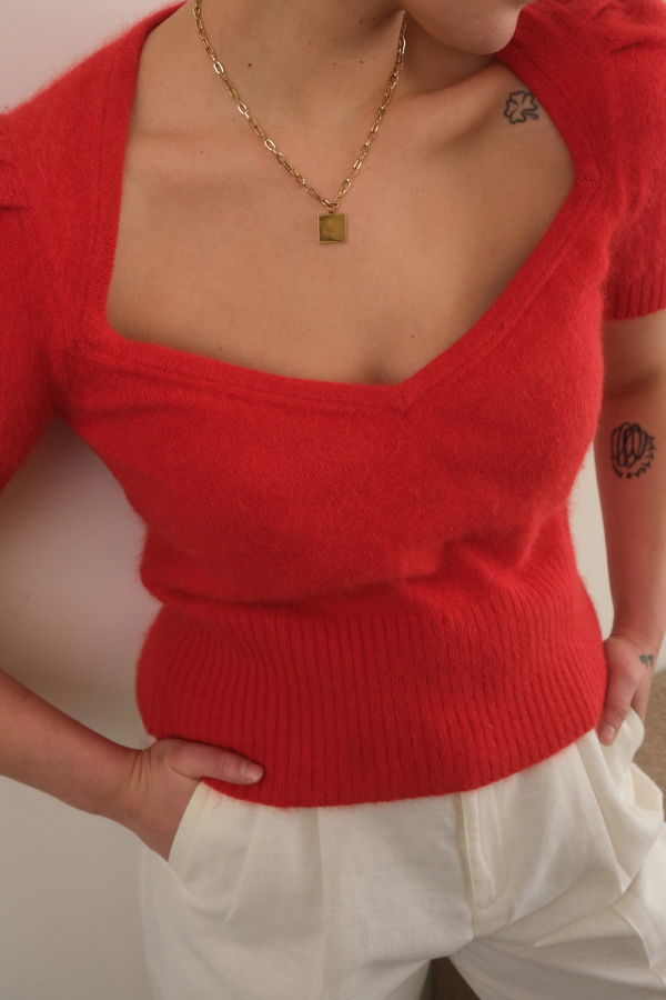 Vintage Angora Blend Sweetheart Short Sleeve Sweater - Garnet