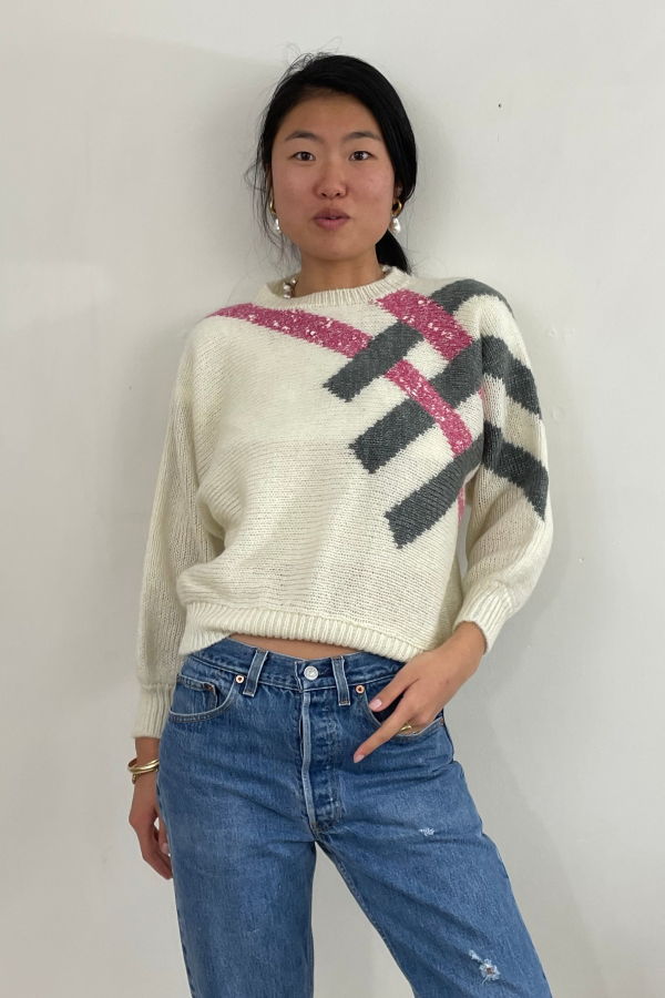 Gordon of Philadelphia Vintage 90s Striped Batwing Acrylic Wool Blend Fuzzy Intarsia Sweater