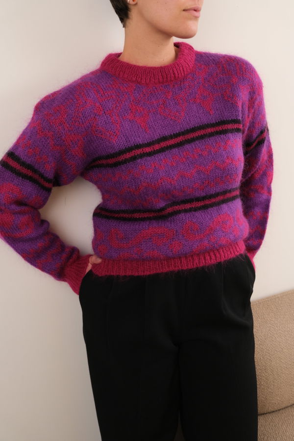 Hermine Vintage 80s Japanese Amethyst Mohair Patterned Long Sleeve Sweater - Purple