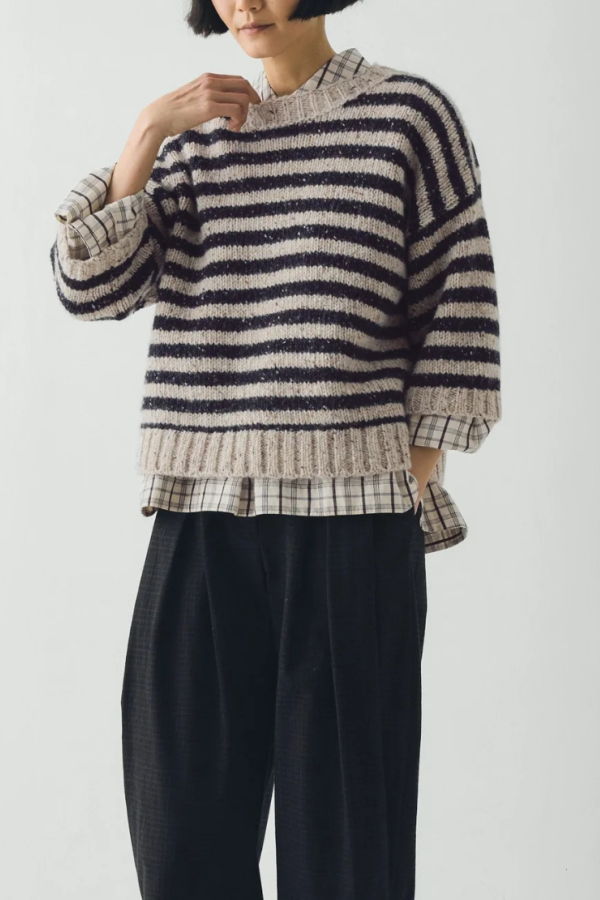 TOAST Donegal Stripe Short Sleeve Sweater - Soft Black/Oatmeal