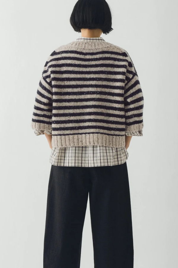 TOAST Donegal Stripe Short Sleeve Sweater - Soft Black/Oatmeal
