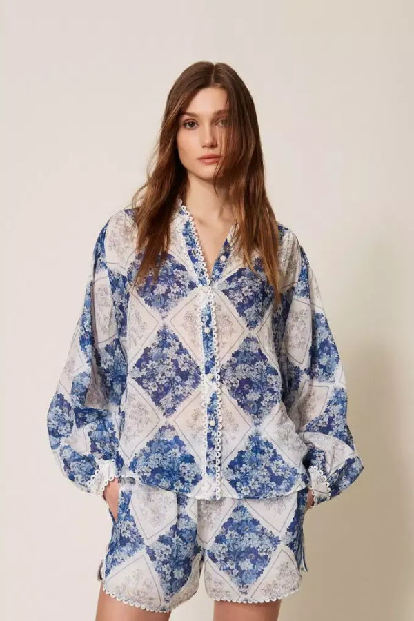 Twinset Chemise Ramie Shirt - Blue/Pale Blue Topaz