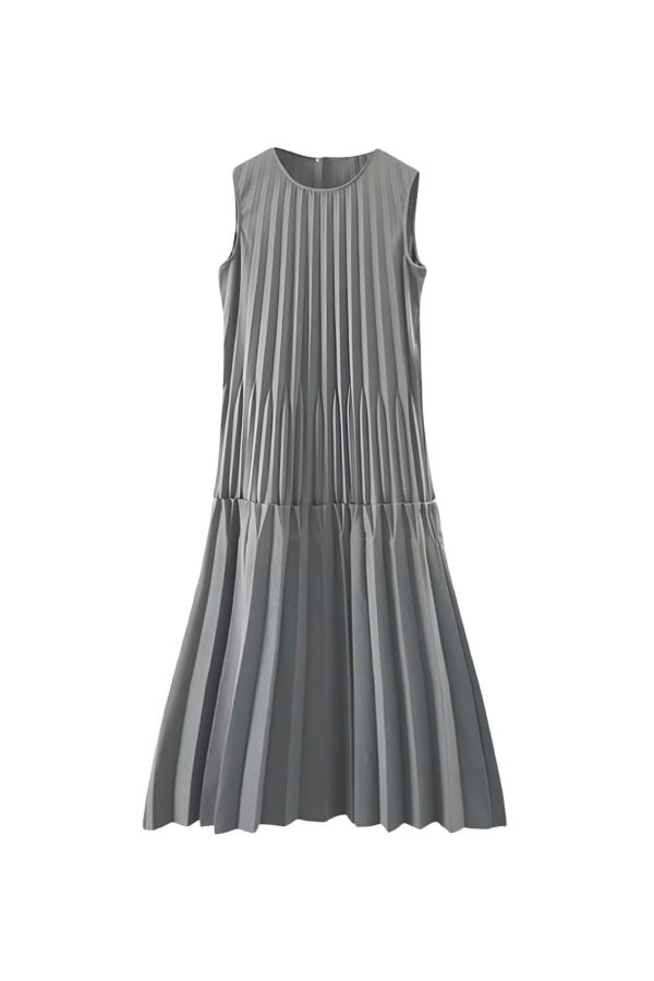 London Atelier Byproduct Grey Accordion Layer Pleated Midi Dress