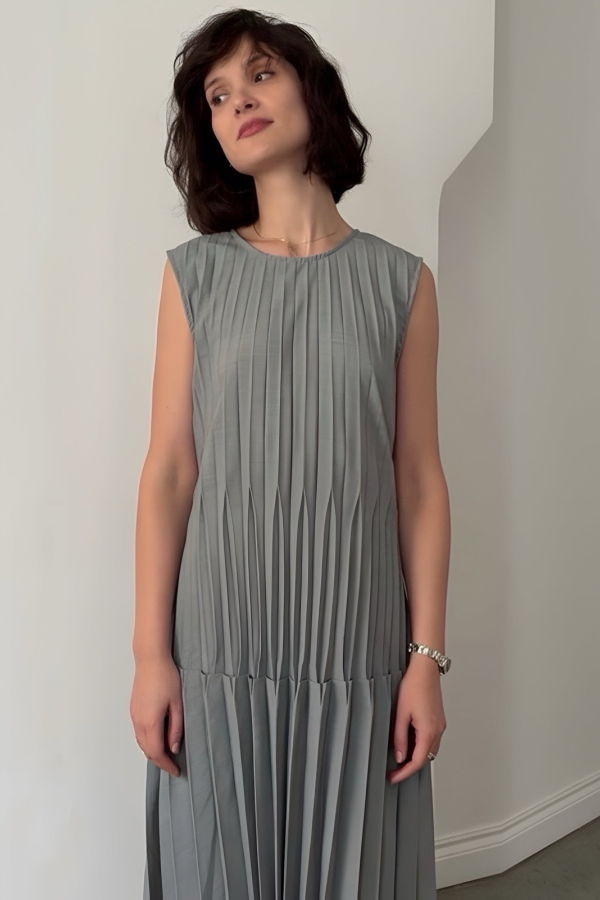 London Atelier Byproduct Grey Accordion Layer Pleated Midi Dress