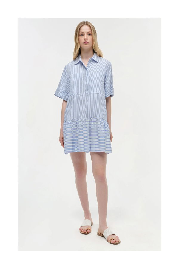 Jonathan Simkhai Cris Short Sleeve Shirt Dress in Hydrangea Blue Stripe