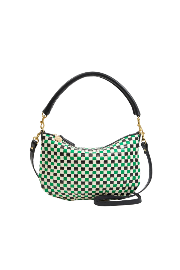 Clare V. Petit Moyen Messenger in Green Apple Multi Woven Checker Crossbody Bag