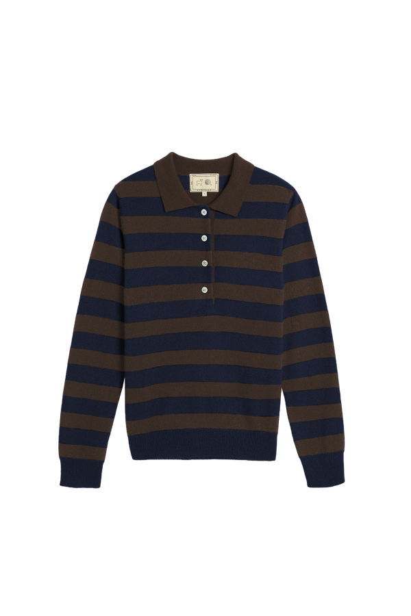 demylee Demira Stripe Cashmere Polo Sweater - Espresso / Navy