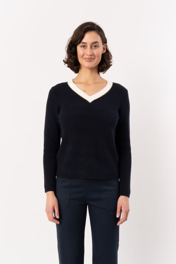 ELLIOTT LAUREN Sequin V-Neck Sweater - Navy