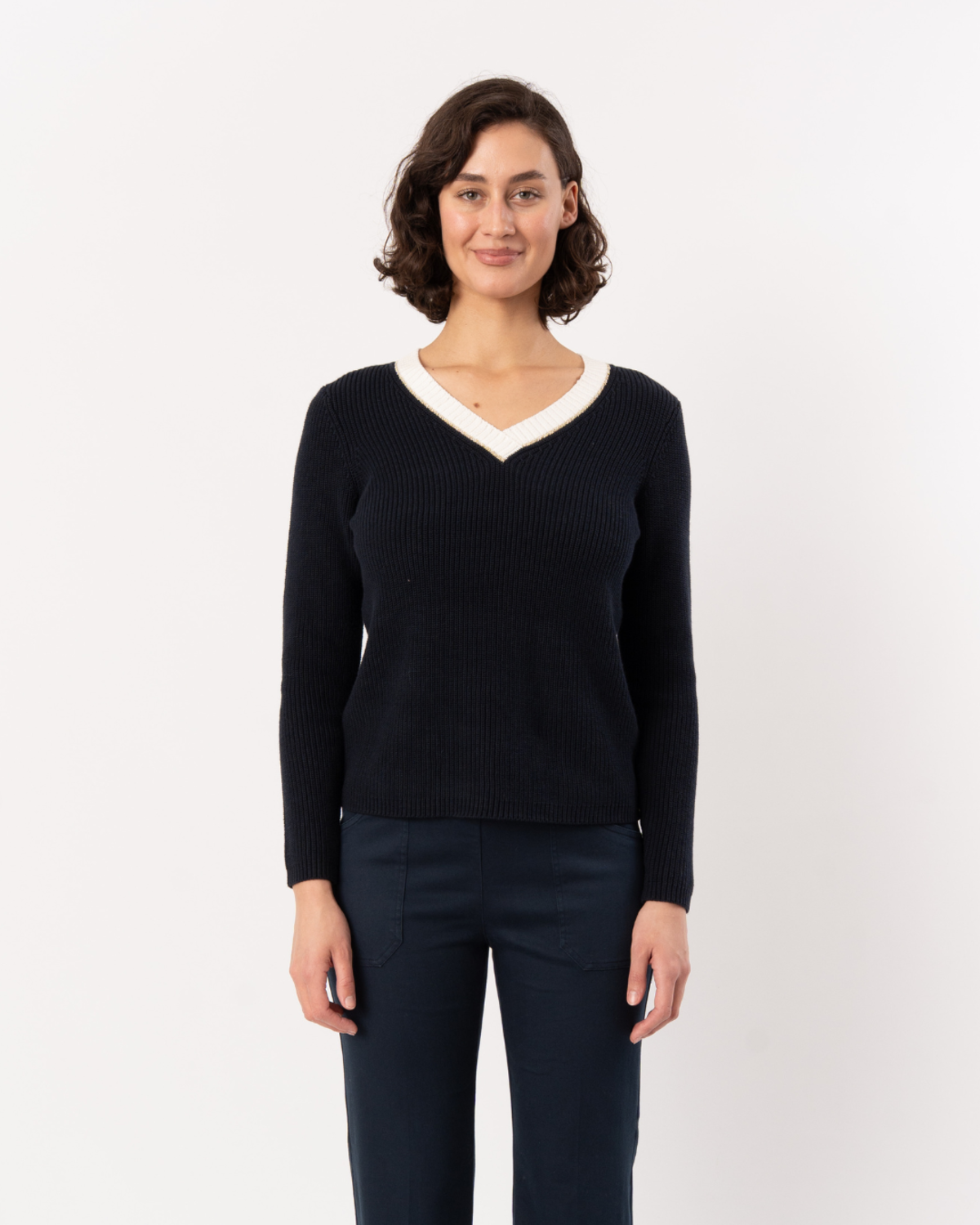 ELLIOTT LAUREN Sequin V-Neck Sweater - Navy - Image 1 of 5