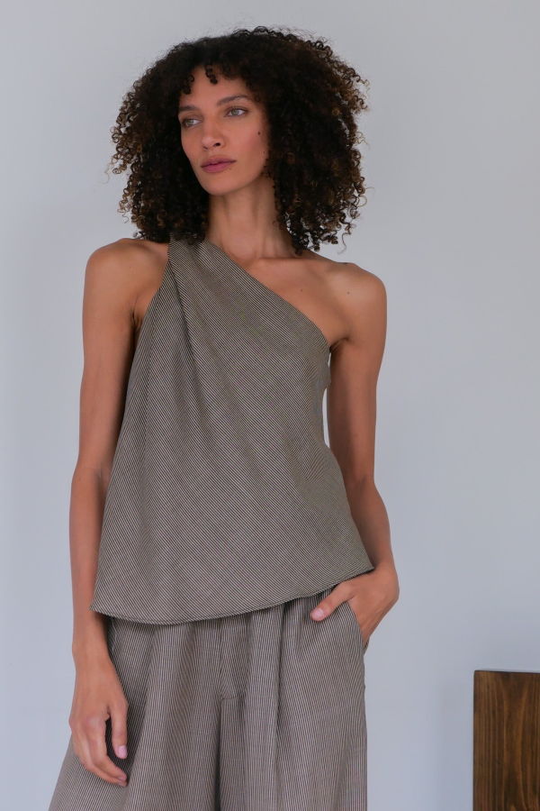 Sloan Stripe One Shoulder Top - Brown/Beige