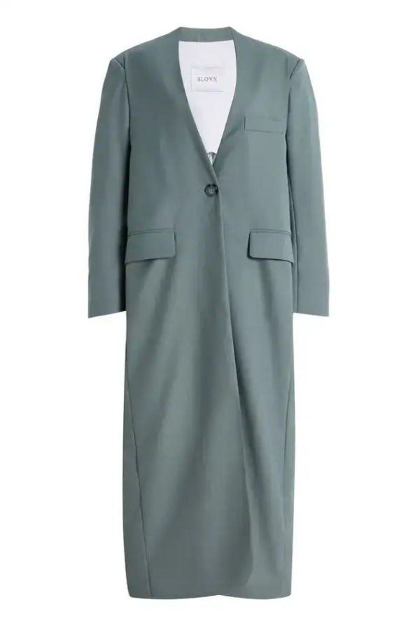 Sloan Summer Wool Long Collarless Coat - Blue