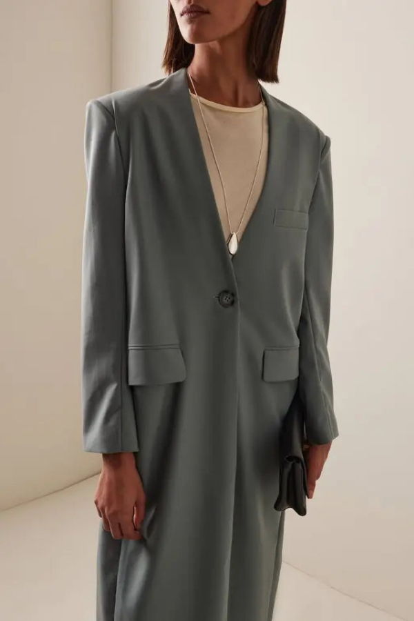 Sloan Summer Wool Long Collarless Coat - Blue