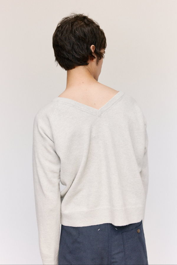 Maison Margiela Light Grey Wool Reversed V-Neck Sweater