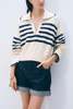 White + Warren Varsity Cotton Striped Polo Sweater - Ivory Stripe - Thumbnail 1
