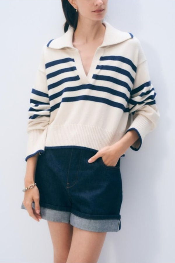 White + Warren Varsity Cotton Striped Polo Sweater - Ivory Stripe