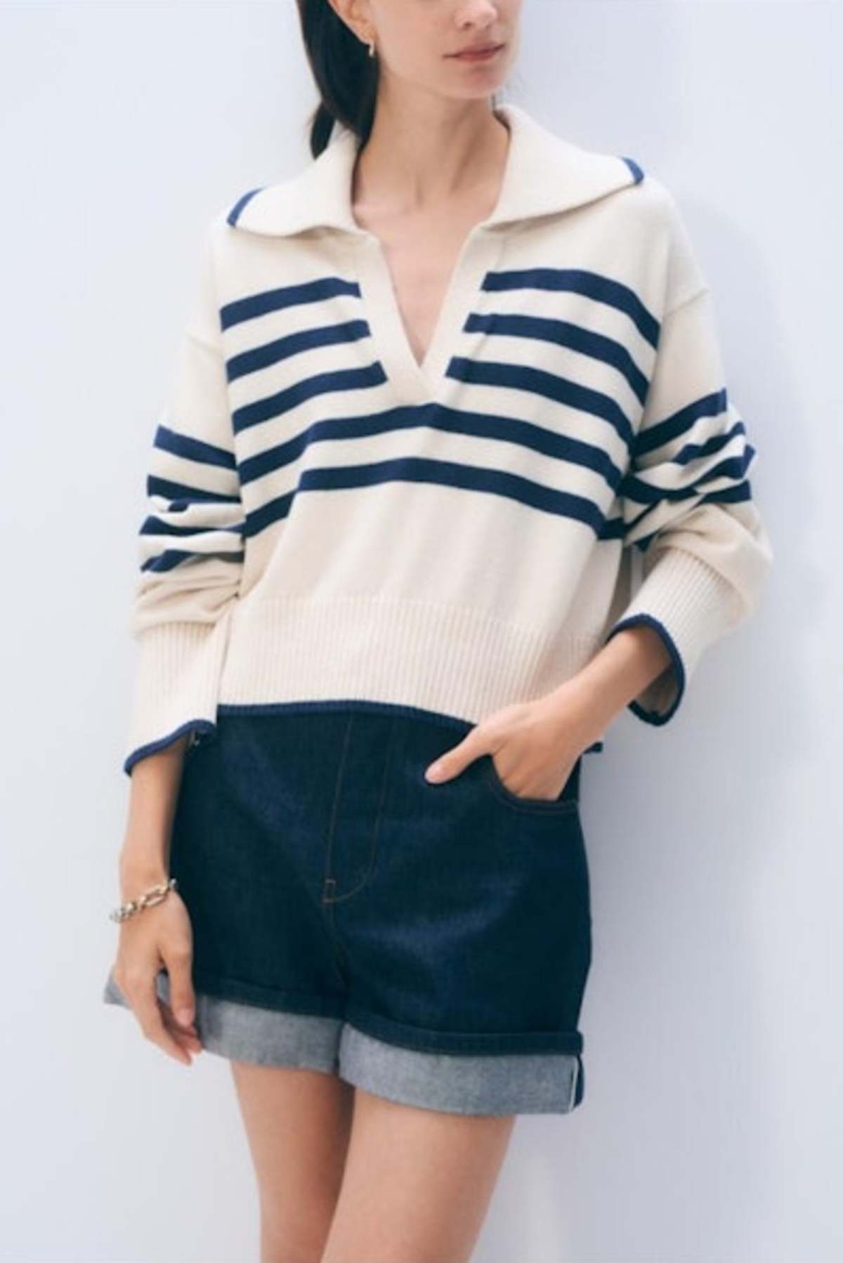 White + Warren Varsity Cotton Striped Polo Sweater - Ivory Stripe - Image 1 of 2