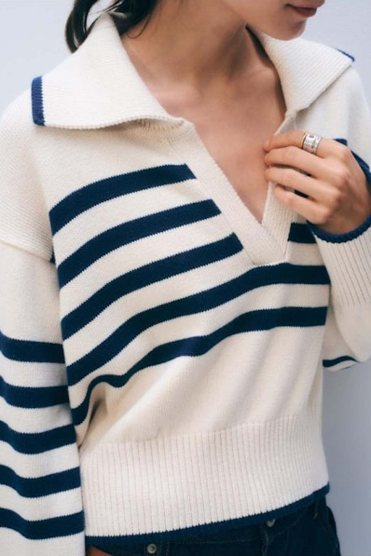 White + Warren Varsity Cotton Striped Polo Sweater - Ivory Stripe - Image 2 of 2