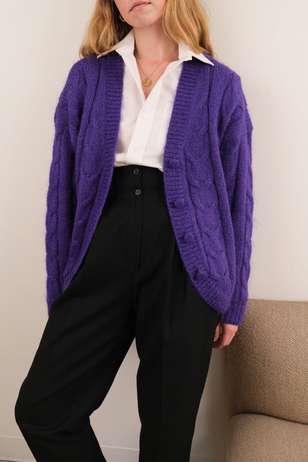 Hermine Vintage Grape Angora Blend Hand Knit Open-Front Cardigan - Purple