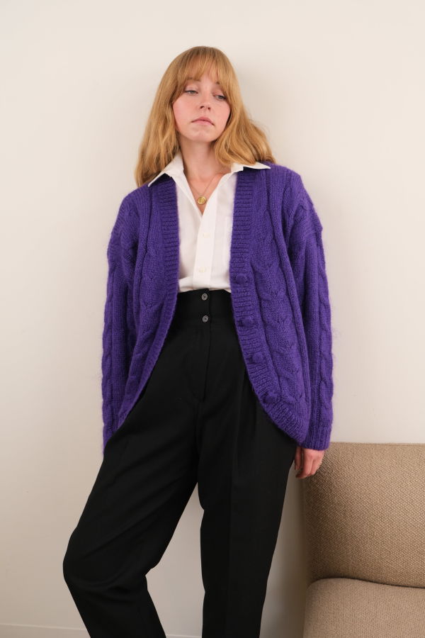 Hermine Vintage Grape Angora Blend Hand Knit Open-Front Cardigan - Purple