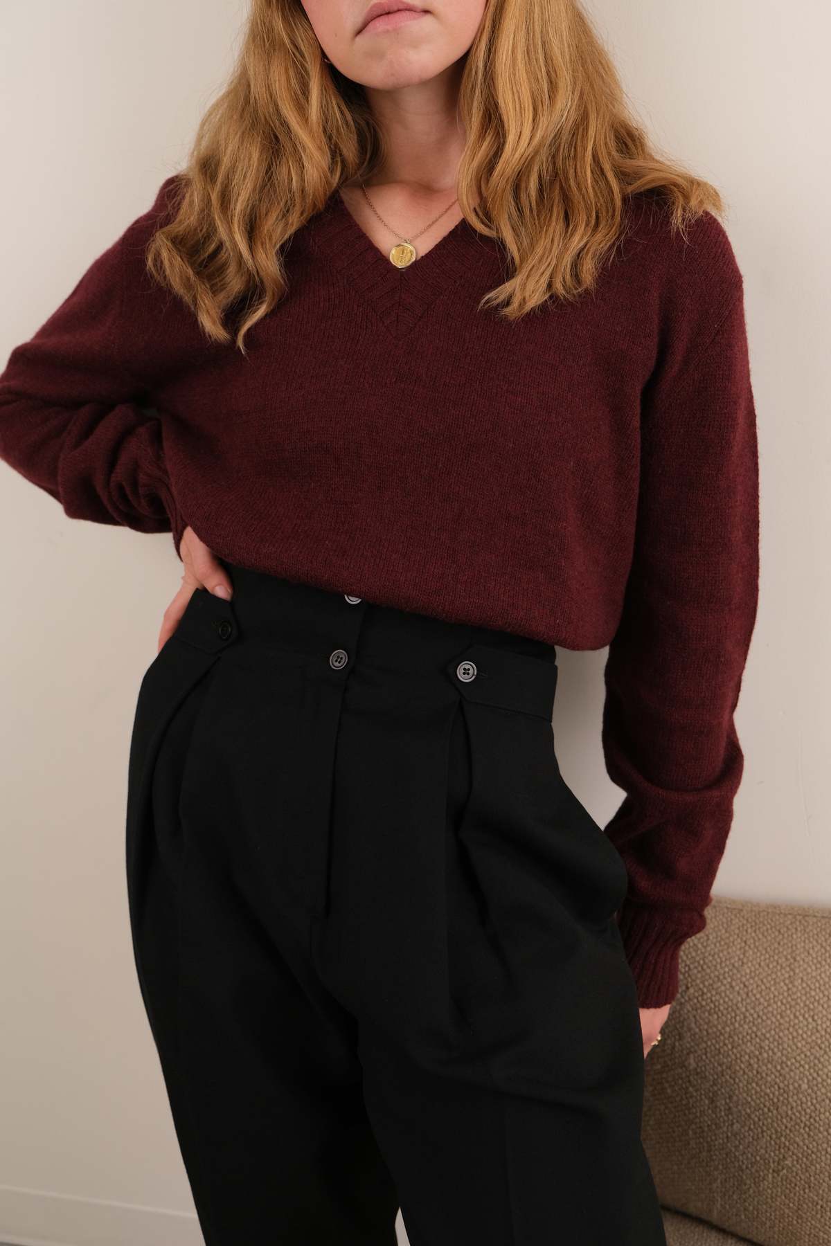Hermine Vintage Merlot Wool Blend V-Neck Long Sleeve Sweater - Burgundy - Image 3 of 5