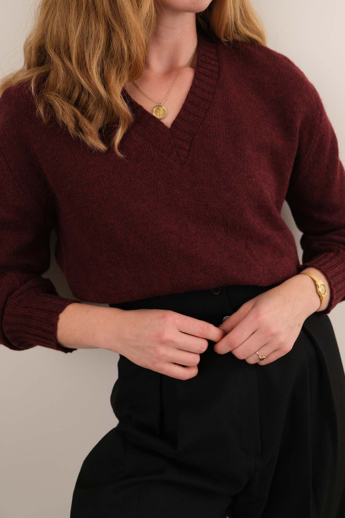Hermine Vintage Merlot Wool Blend V-Neck Long Sleeve Sweater - Burgundy - Image 4 of 5
