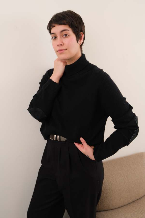 Vintage Hermine Raven Cashmere Suede Elbow Patch Sweater - Black