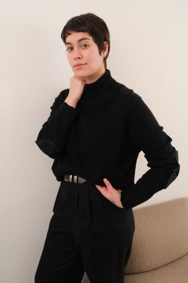 Vintage Hermine Raven Cashmere Suede Elbow Patch Sweater - Black