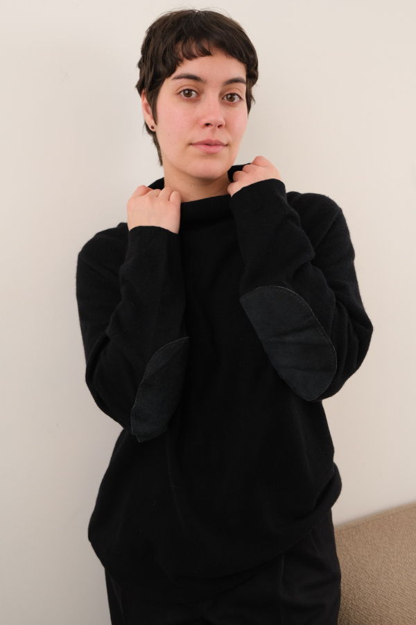 Vintage Hermine Raven Cashmere Suede Elbow Patch Sweater - Black