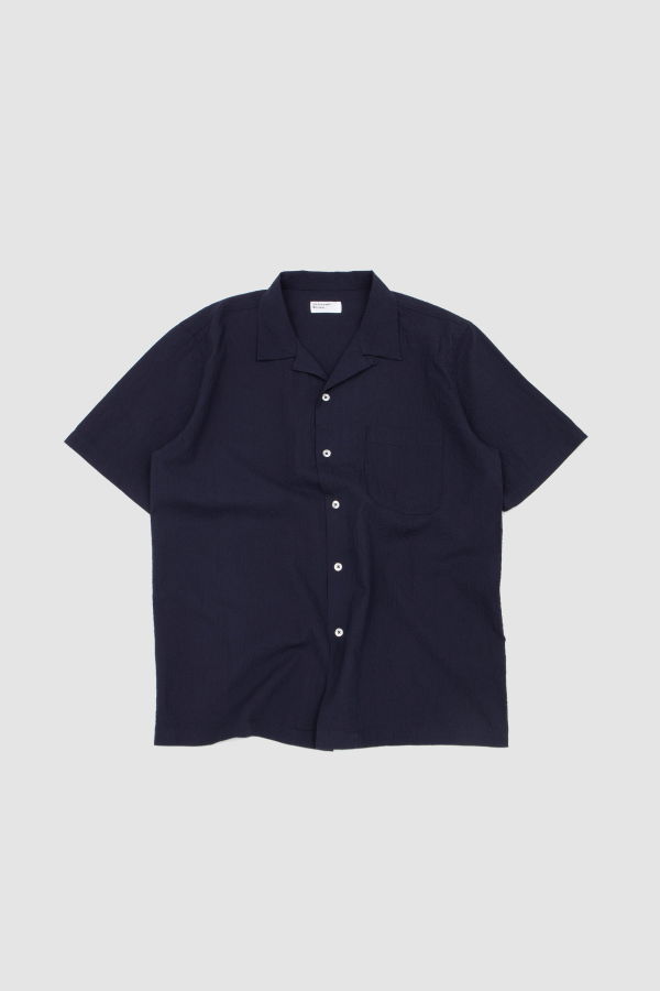 Universal Works Road Shirt Seersucker Shirting Shirt - Navy
