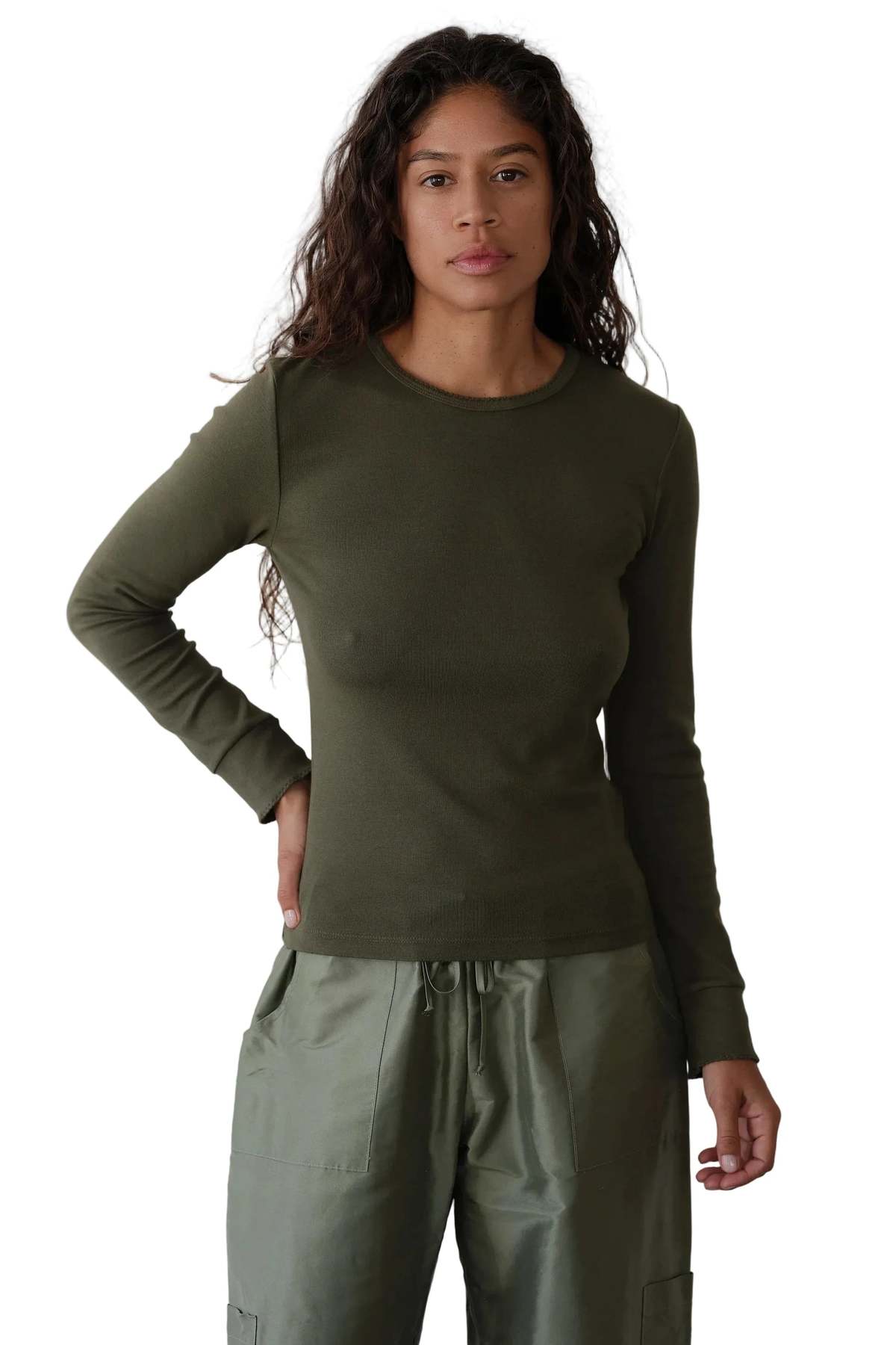 Donni. Baby Rib Scallop Long Sleeve Top - Oregano - Image 1 of 7