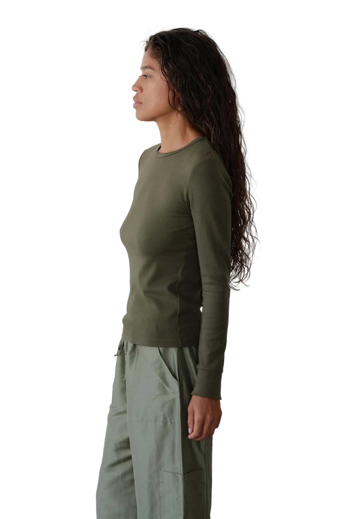 Donni. Baby Rib Scallop Long Sleeve Top - Oregano - Image 2 of 7