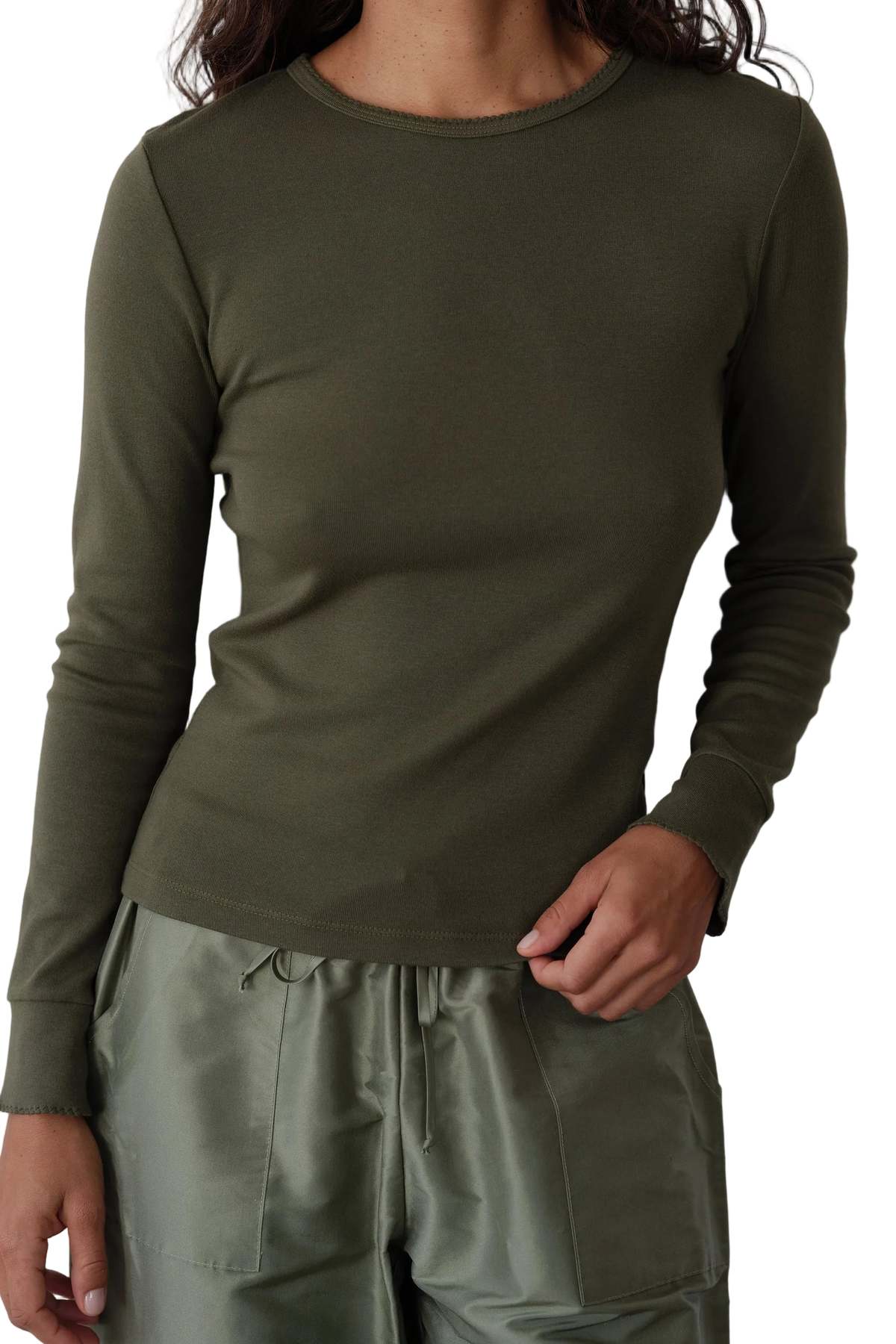 Donni. Baby Rib Scallop Long Sleeve Top - Oregano - Image 6 of 7