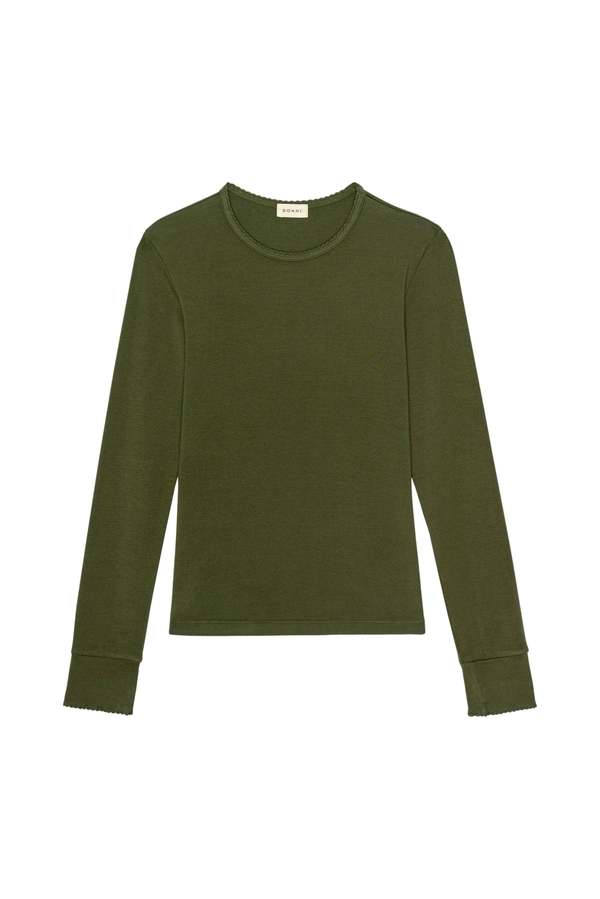 Donni. Baby Rib Scallop Long Sleeve Top - Oregano
