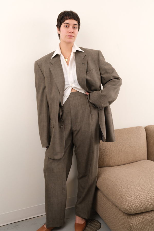 Vintage 80s Pure New Wool Glen Check Pantsuit - Driftwood