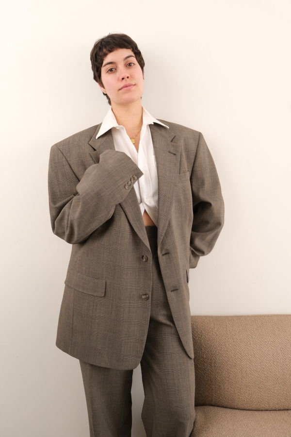 Vintage 80s Pure New Wool Glen Check Pantsuit - Driftwood