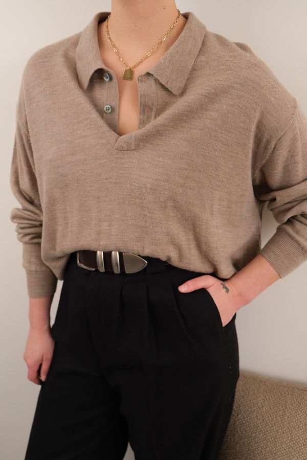 Hermine Vintage 90s Flax Extra Fine Italian Merino Wool Long Sleeve Polo Sweater - Beige