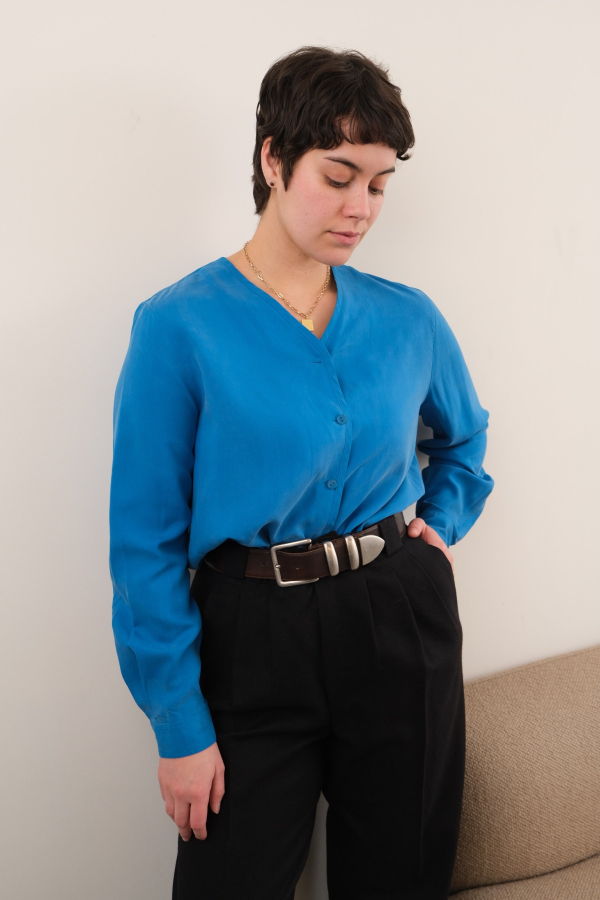 Hermine Vintage Cobalt Silk V-Neck Long Sleeve Blouse - Blue