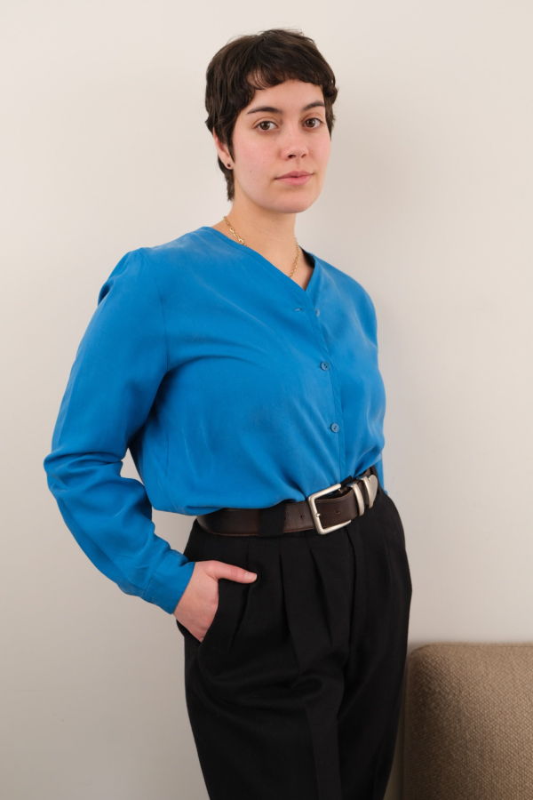 Hermine Vintage Cobalt Silk V-Neck Long Sleeve Blouse - Blue