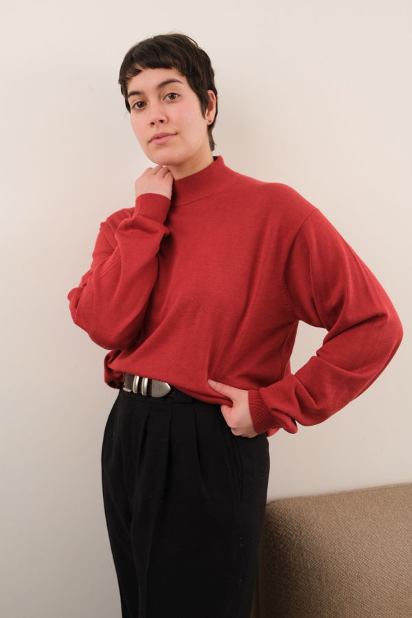 Hermine Vintage Crimson Silk Cotton Mock Neck Long Sleeve Sweater - Red